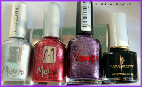 Moyra holographic #251, Moyra #83, Moyra Vamp #18, Born Pretty black stamping polish