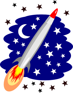 A cartoon depiction of a rocket flying through space.