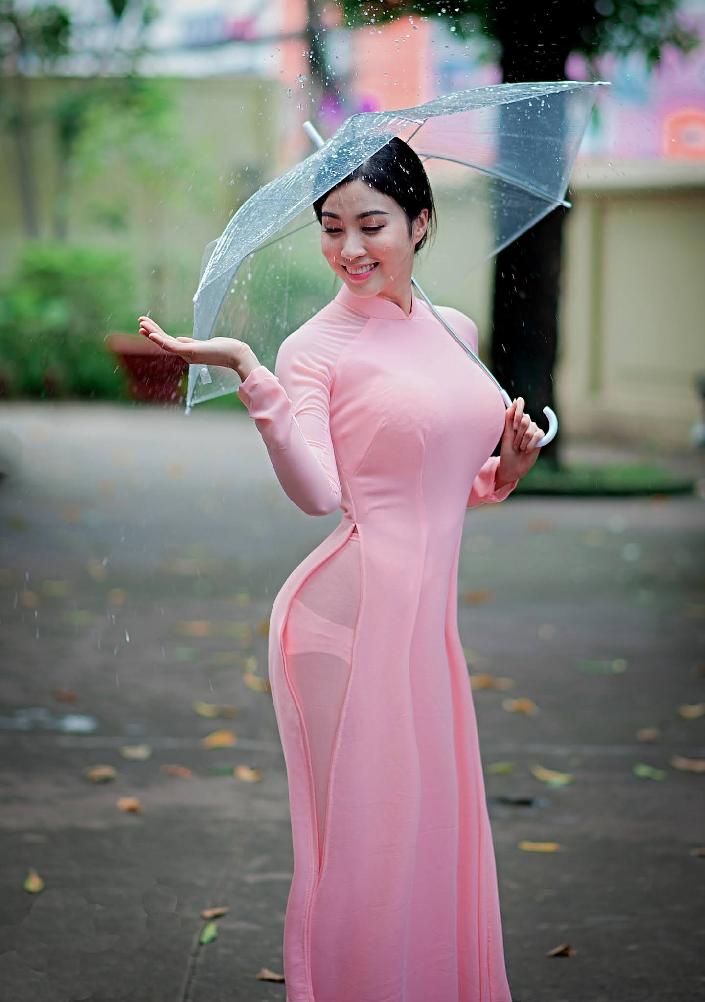 Hot model in pink dress