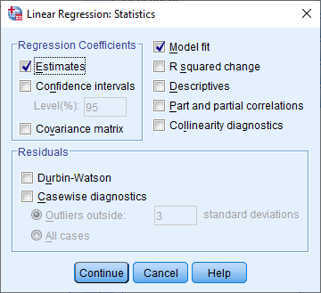 Kotak dialog linear regression: Statistics