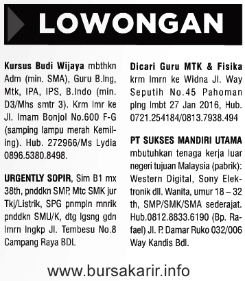 Info Lowongan Iklan Baris Harian Tribun dan Lampost terbaru