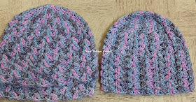 Sweet Nothings Crochet free crochet pattern blog, free crochet pattern for a unisex chemo cap, photo of Chemo caps 5 made with multi colored yarn,