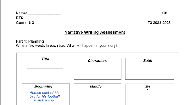 ورقة عمل Narrative Writing Assessment اللغة الإنجليزية الصف الثامن Access