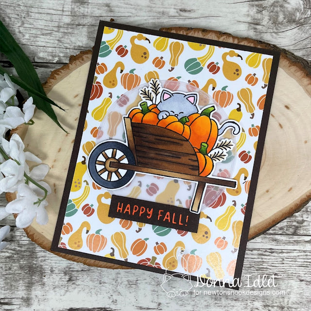 Happy Fall Cat in Wheelbarrow Card by Donna Idlet | Newton's Harvest Time Stamp Set, Autumn Greetings Hot Foil Plates, Autumn Paper Pad and Banner Duo Die Set by Newton's Nook Designs #newtonsnook #handmade