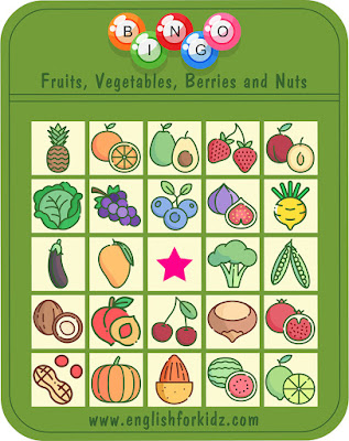 Printable fruits and vegetables bingo game for ESL students