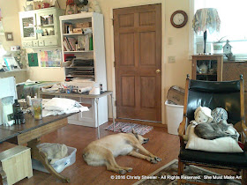 The animals sleep nearby while I work on multiple projects in my art room.
