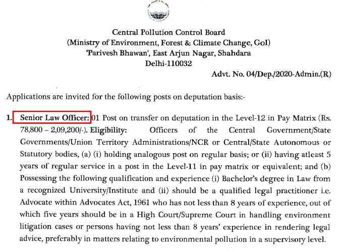 Senior Law Officer in Central Pollution Control Board (CPCB) - last date 21/12/2020 