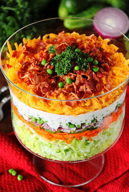 Glass Serving Bowl of Make-Ahead Layered Salad Image