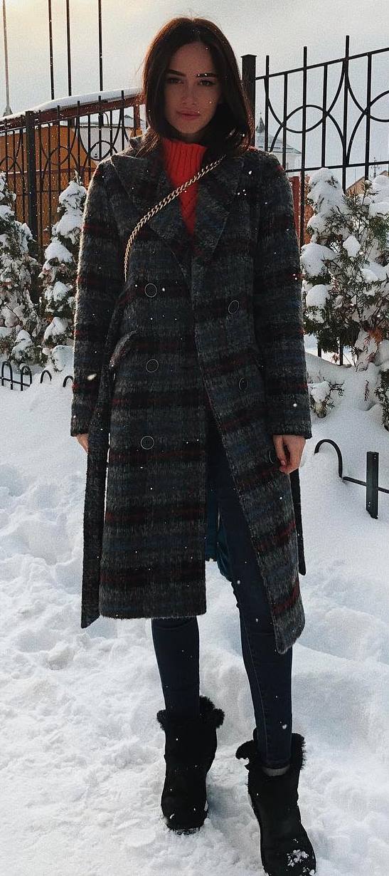 what to wear with a plaid coat : bag + red sweater + skinnies + boots