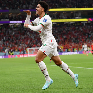 Zakaria Aboukhlal celebrates scoring the second goal and the winner for Morocco in the FIFA World Cup 2022 match against Belgium at the Al Thumama Stadium in Doha, Qatar. The Atlas Lions emerged victorious by 2-0