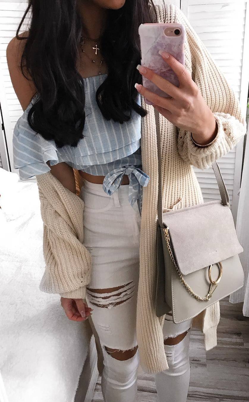 beautiful outfit idea / one shoulder stripper top + nude cardigan + bag + white rips