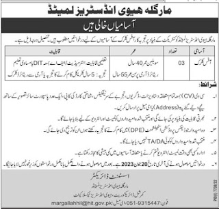 Office Clerk Jobs In Margalla in Heavy Industries HIT Islamabad 2023