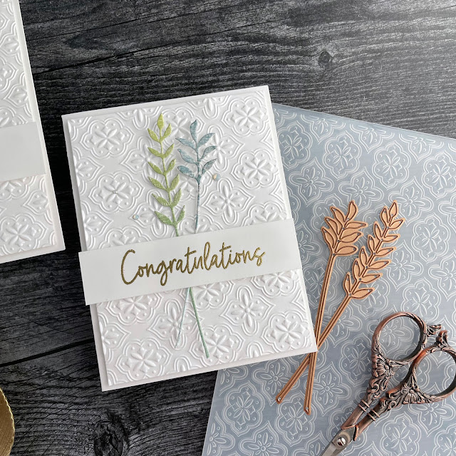 Embossed White Floral Cards created with Spellbinders Floral Relfection collection, sealed wildflowers die, tile reflection embossing folder; Scrapbookcom solar white cardstock, foam adhesive, celebrate expressions stamp, hi fall stamp; 49 an Market spectrum sherbet papers