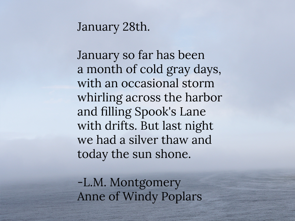 A quote about cold, grey, January days by L.M. Montgomery in Anne of Windy Poplars.