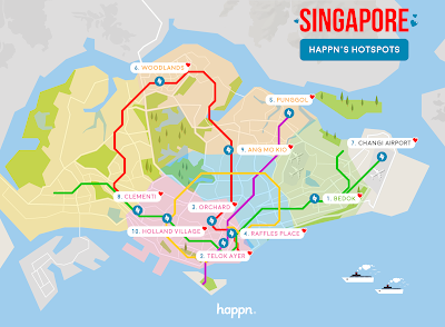 Source: Happn. The top 10 Happn hotspots on the Singapore map.