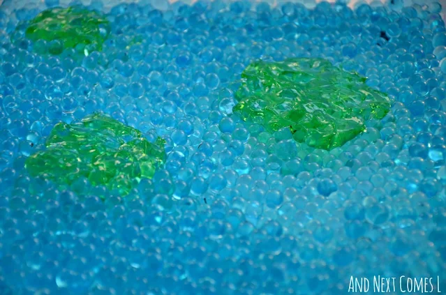 Close up of a preschool Earth sensory bin