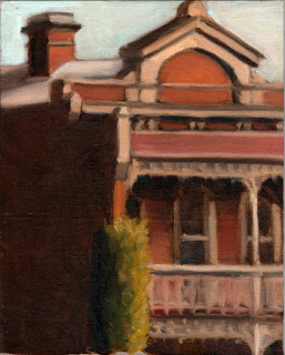 Oil painting of the second story of a double-story Victorian-era red-brick house with an Italian cypress in the foreground.