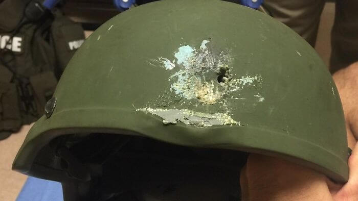 15 Reasons Why Wearing A Helmet Is Always A Good Idea - Orlando Police Shared This Photo On Twitter Showing Where A Bullet Struck An Officer's Helmet. The Officer's Life Was Saved Because Of The Helmet
