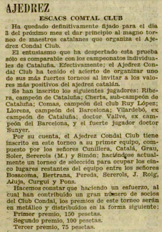 I Torneo de Maestros Catalanes 1934, recorte