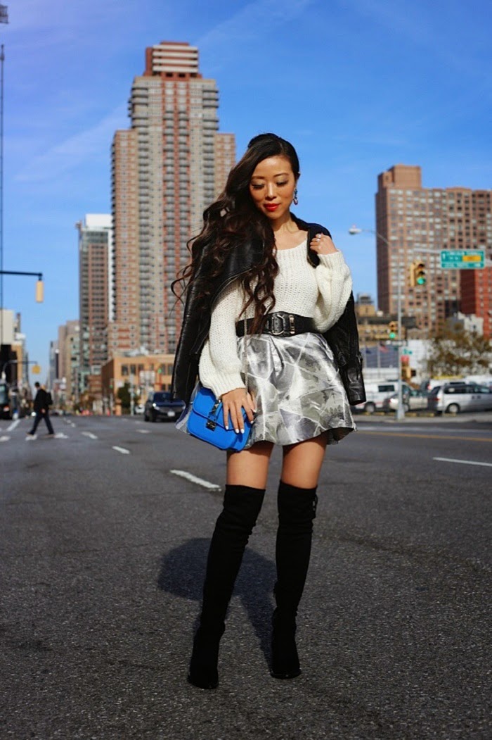  True Decadance skater mini skirt, steve madden peace love shea boots,baublebar pearl ring, babublebar cha cha drops earring, sweater, leather jacket, Valentino lockbag, holiday outfit ideas, datenight outfit, romantic, cute outfit, shallwesasa, new yorker, streetstyle,fashion blog