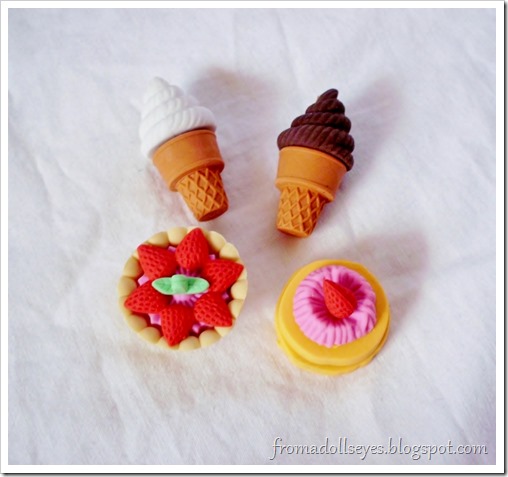 Puzzle erasers shaped like cake and ice cream.  Would be useful for dolls.