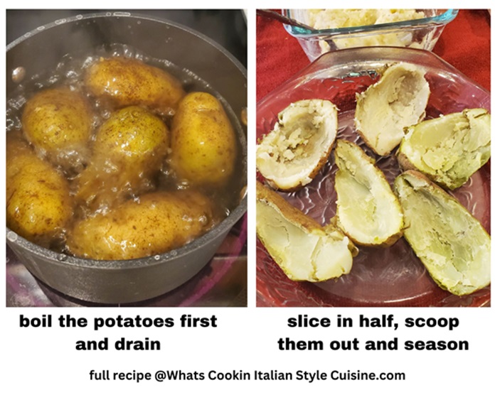 collage of boiling potatoes and sliced in half