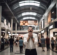 Man standing in middle of the mall with his hands over his mouth