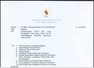 Surat Edaran Mensesneg Tema dan Logo HUT ke 73 Kemerdekaan RI Tahun 2018