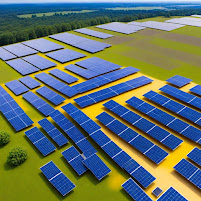 This aerial view shows a field of solar panels. The panels are located in rows that stretch for a long distance. They are installed on metal frames that raise them above the ground. The sun shines on the panels and they generate electricity.