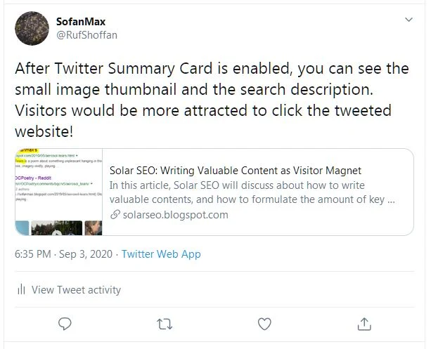 A tweet about blog with valid Twitter card