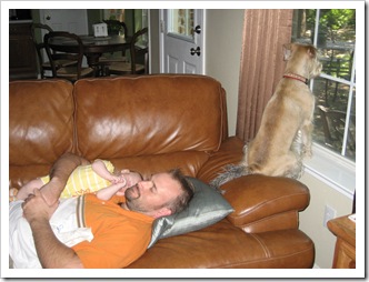 Daddy & Reid sleeping and Sadie Belle watching for trouble, 6-13-09