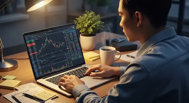 A trader using a laptop to monitor live Forex and CFD markets through a trading platform like MetaTrader or cTrader — ideal for beginners and professionals alike.