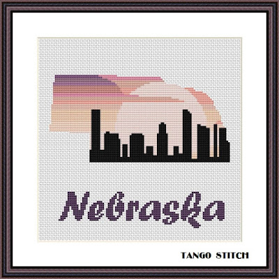 Nebraska USA state map skyline sunset cross stitch pattern, Tango Stitch