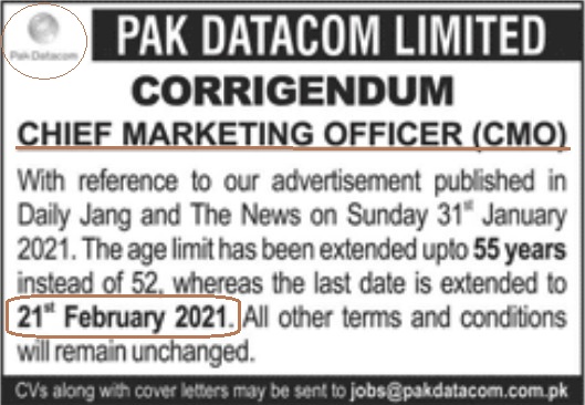 Pak Datacom Limited Lahore for Chief Marketing Officer (CMO) Jobs 2021