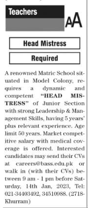 Head Mistress Required A renowned Matric School