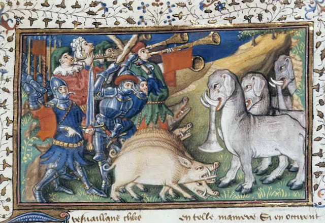 Александр отгоняет слонов боевыми свиньями и музыкальными инструментами
