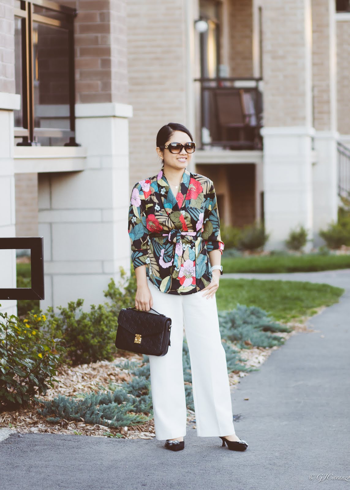 Guess Wrap Blouse | Zara Wide Leg Pants | Louis Vuitton Pochette Metis in Black Empreinte Leather | Coach Mules | Gucci Sunglasses | Petite Outfit | Mom Style