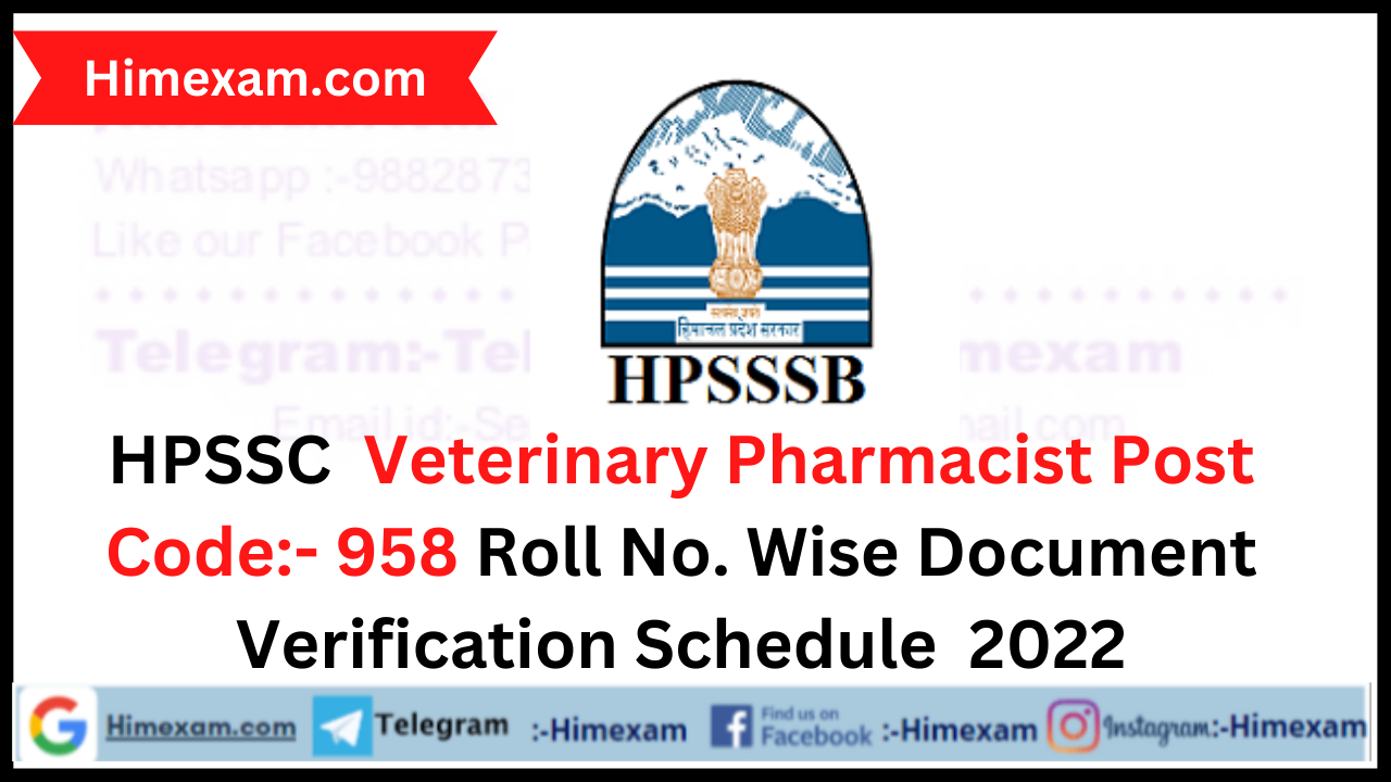 HPSSC  Veterinary Pharmacist Post Code:- 958 Roll No. Wise Document Verification Schedule  2022