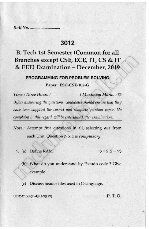 Download Programming for Problem Solving - Question Paper - B.Tech. 1st Year - December 2019 for free