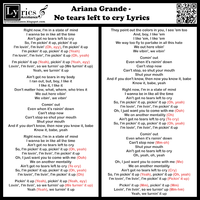 Ariana Grande - No tears left to cry Lyrics | lyricsassistance.blogspot.com