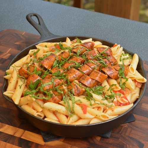 Grilled chicken sausage pasta on the Big Green Egg