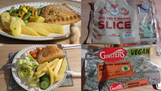 Two vegan cornish pasty style dinners with chips being compared