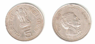 5rs big old coin Indira gandhi(1917-1984)