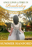 Book cover: Once Upon a Time in Pemberley by Summer Hanford. Picture shows a young girl, from behind, facing trees with a lake beyond