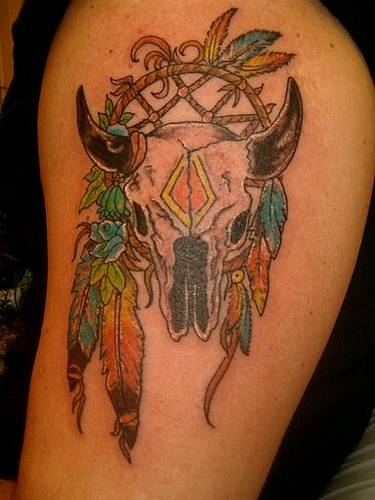 indian feather tattoos. indian feather tattoos. Bull Skull and Feathers Tattoo