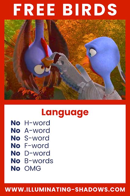 Free Birds - Language - Picture of Reggie hanging upside down and Jenny holding his beak closed while making the shhh sign