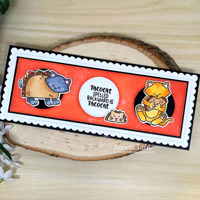 Taco Cat Card by Donna Idlet | Newton Loves Tacos Stamp Set and Slimline Frames & Portholes Die Set by Newton’s Nook Designs #newtonsnook
