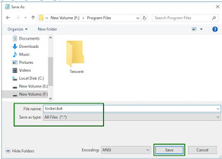 Save as notepad dengan file format .bat untuk Mengunci dan Memasang Password Folder