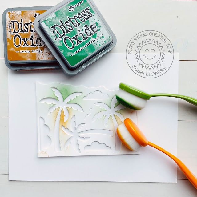 Sunny Studio Stamps: Tropical Trees Backdrop Die Focused Card by Bobbi Lemanski (featuring Passionate Penguins)