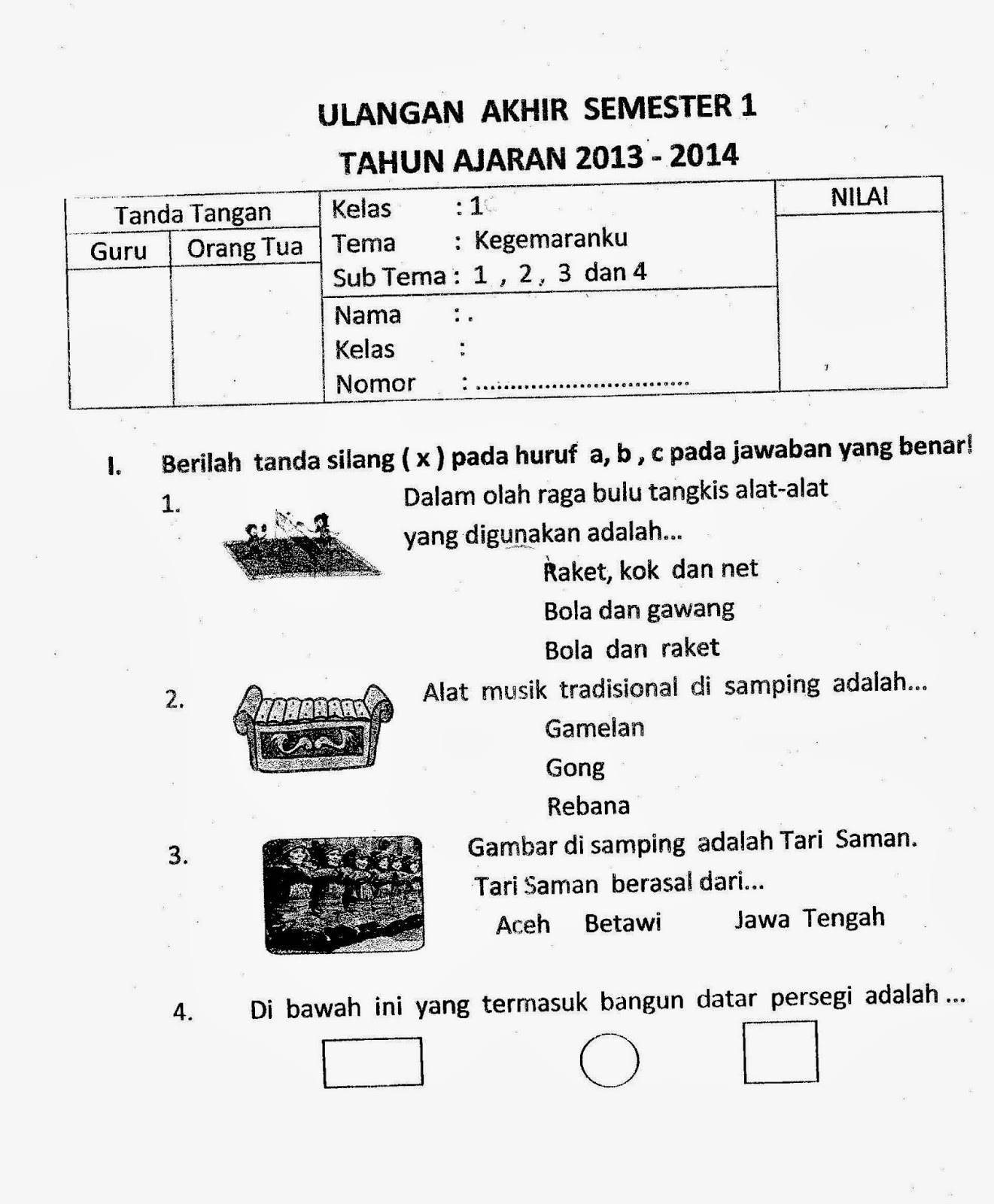 Kegemaranku UAS Kelas 1 TA2013 2014 Kurikulum 2013